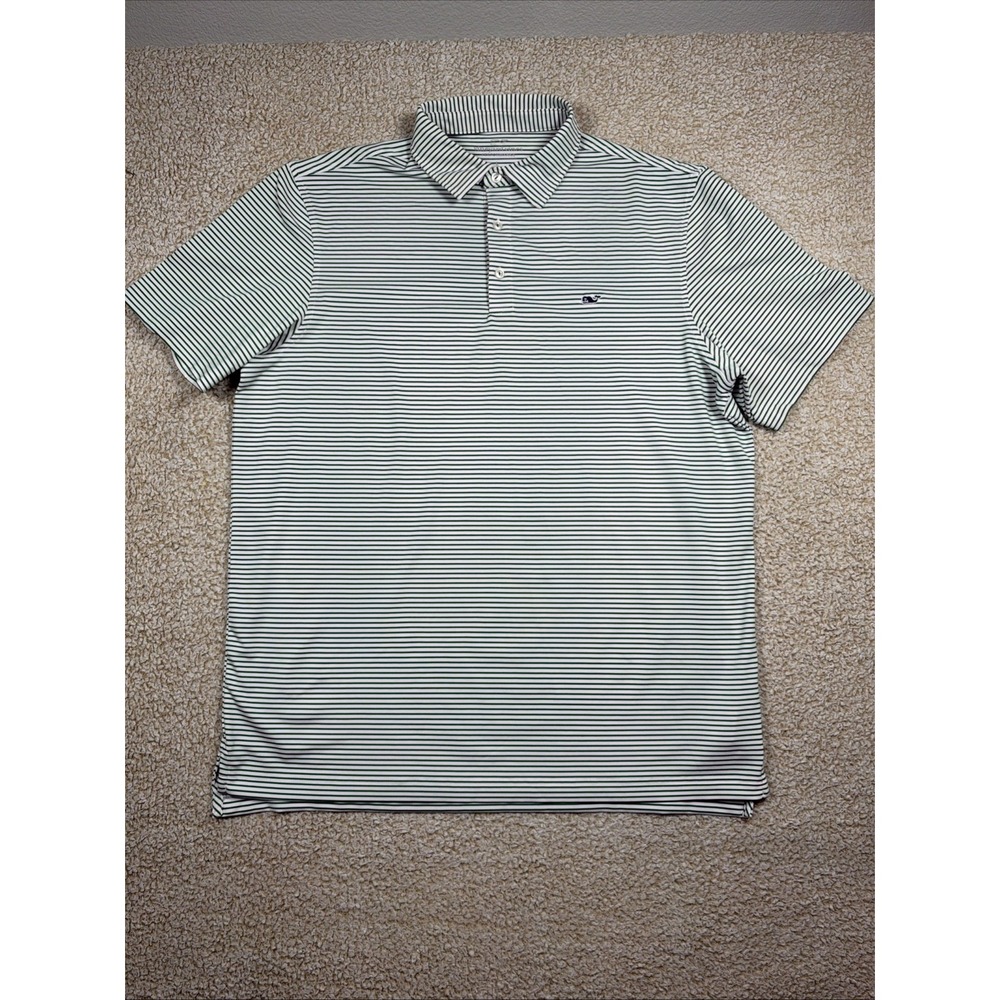 Vineyard Vines Men's Large Performance Polo Shirt Green White Striped Stretch